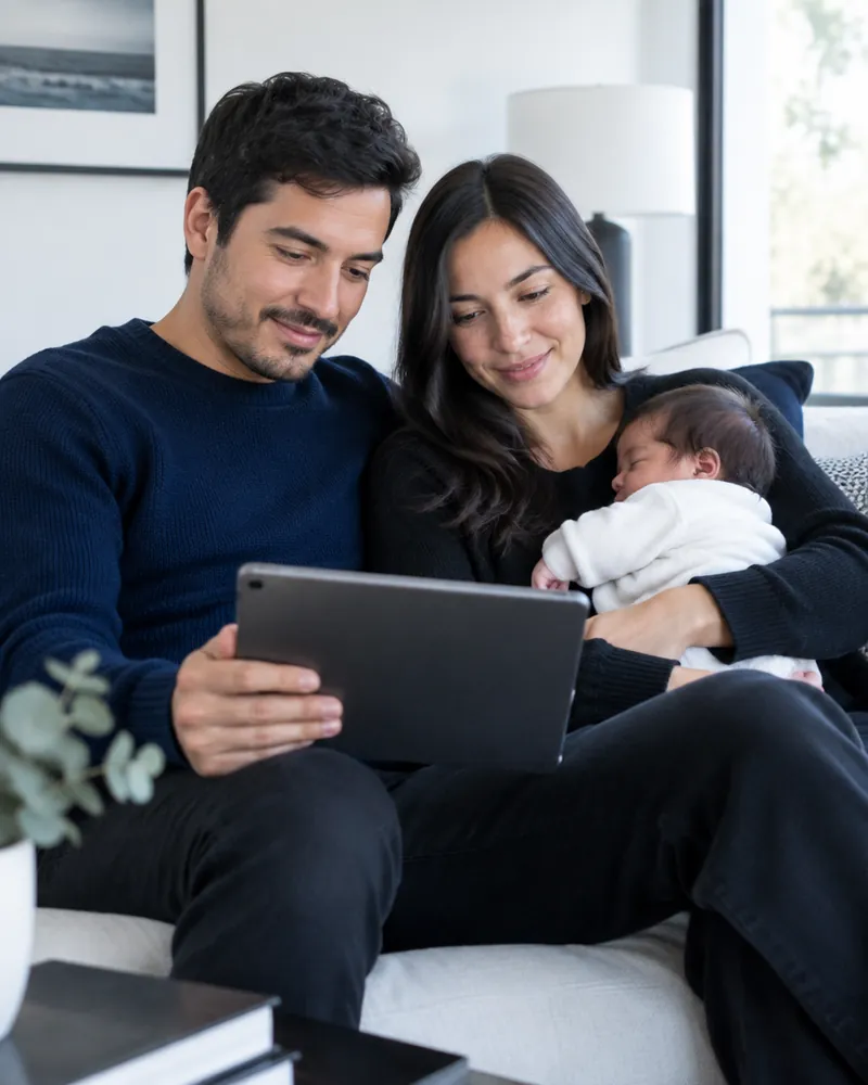 Pareja joven con su bebé revisando su plan de salud