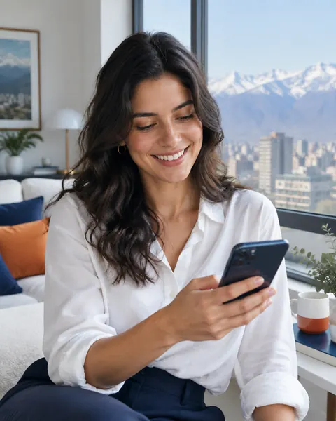 Mujer revisando su celular en su departamento