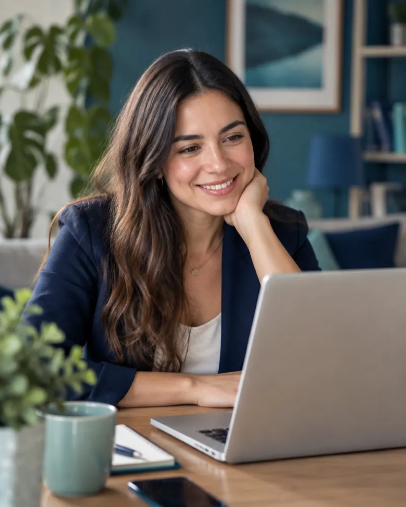 Mujer revisando alternativas de planes en su computador
