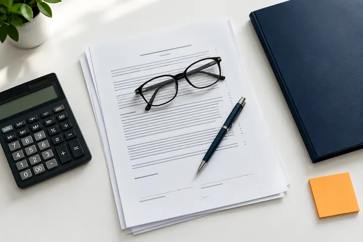 Documentos de un plan de salud junto a una calculadora