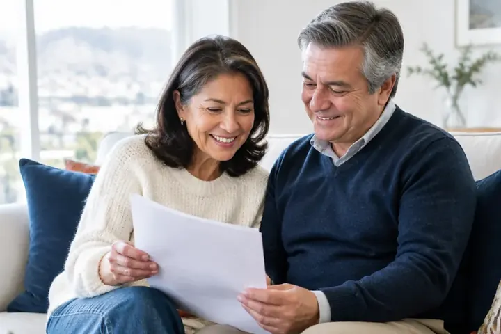 Pareja revisando documentos de su plan de salud