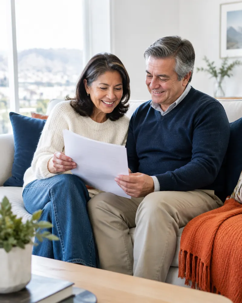 Pareja revisando documentos de su plan de salud con tranquilidad